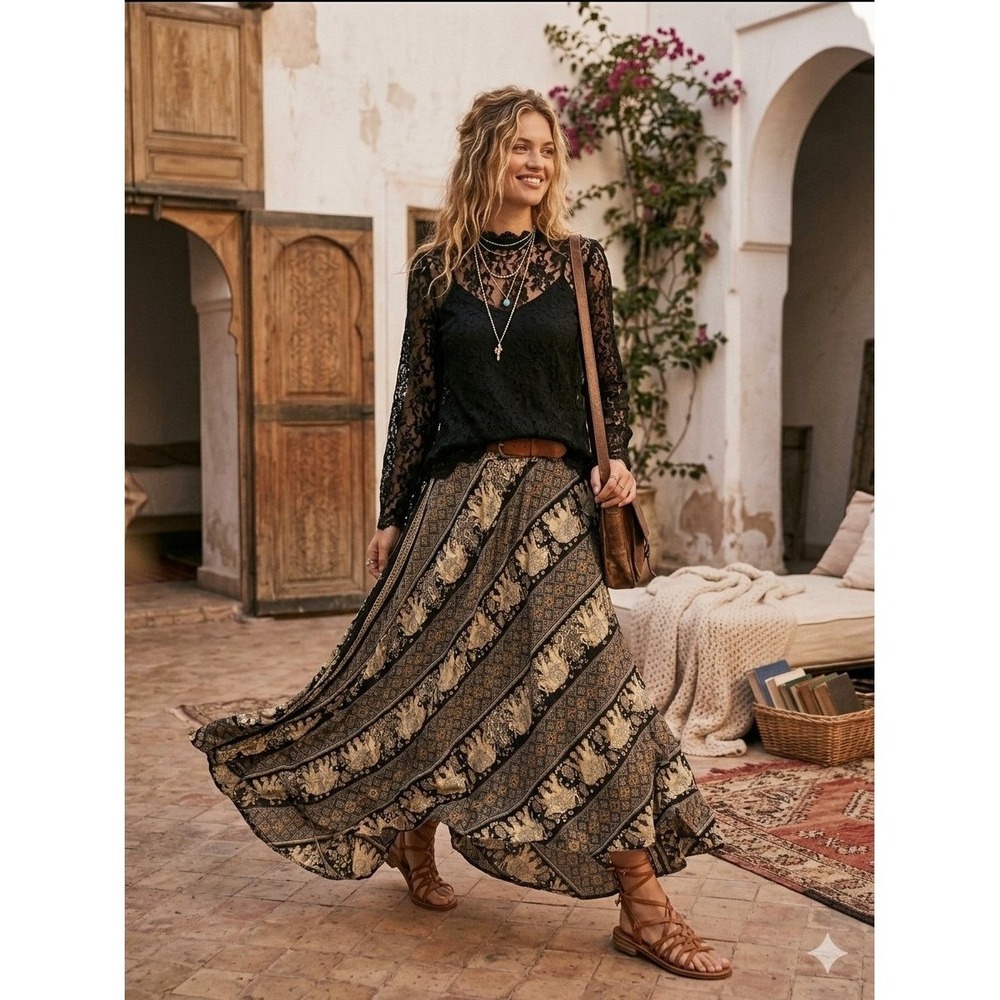 Island Expressions Skirt Womens One Size Black Gold Excellent Elephant Boho Thai